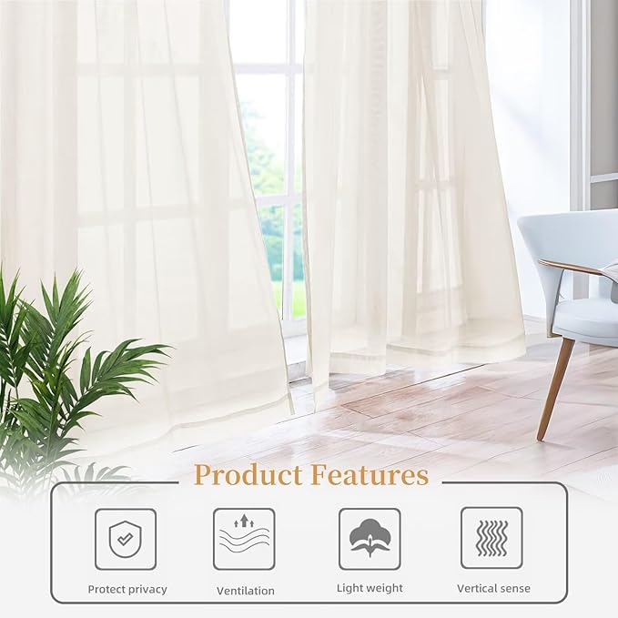 Sheer Curtains 54 Inches Long 2 Panels, Rod Pocket Short Curtain for Kitchen, Bedroom, Cafe Window(Ivory 38" W x 54" L)