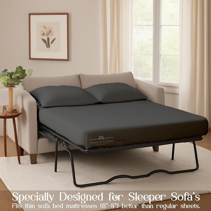 Sleeper Sofa 4 Piece Bed Sheet Set Premium Quality 100% Cotton 500 Thread Count, Smooth & Super Soft Sateen Weave, Extra Soft Bed Sheets, Wrinkle Free, 8 Inch Deep Pocket (Queen, Dark Grey)