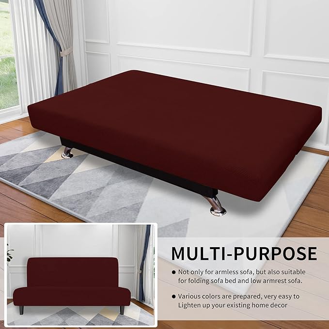 Easy-Going Stretch Futon Slipcover Armless Futon Bed Cover Furniture Protector Without Armrests with Elastic Bottom for Kids, Soft Jacquard Fabric Small Checks (Medium, Wine)