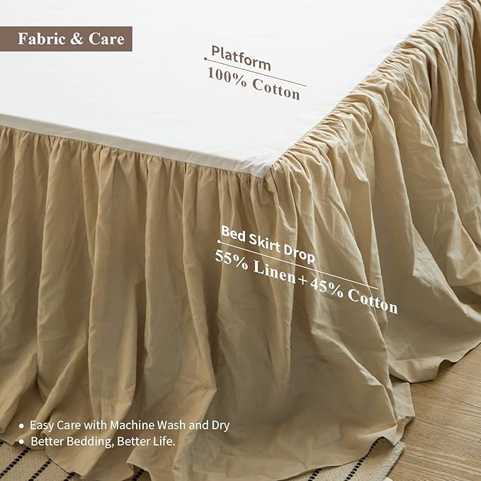 BISELINA French Linen Bed Skirt with Pleated Frills 22-Inch Tailored Drop Natural Flax Cotton Blend Dust Ruffle Soft Cozy Farmhouse Bedding (22" Full, Linen)