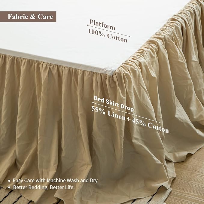 BISELINA French Linen Bed Skirt with Pleated Frills 22-Inch Tailored Drop Natural Flax Cotton Blend Dust Ruffle Soft Cozy Farmhouse Bedding (22" California King, Ruffle Linen)