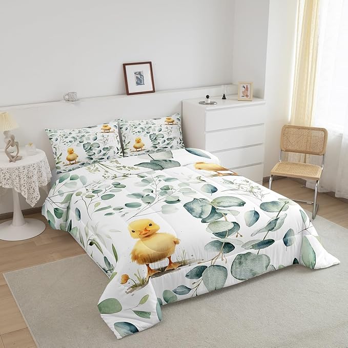 Erosebridal Kids Cute Animal Twin Bedding Sets for Girls Boys Cartoon Duck Comforter Set, Spring Eucalyptus Bedding Comforter Sets Watercolor Leaves Duvet Insert, Kawaii Farm Animal Down Comforter