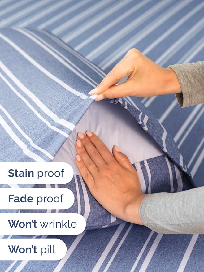 Extra Deep Pocket Queen Sheet Set - 4 Piece Breathable & Cooling Bed Sheets - Hotel Luxury Sheet Set - Ultra Soft, Wrinkle Free & Comfy - Fits Extra Deep Mattresses - Deep Pocket Blue Stripes 3 Sheets