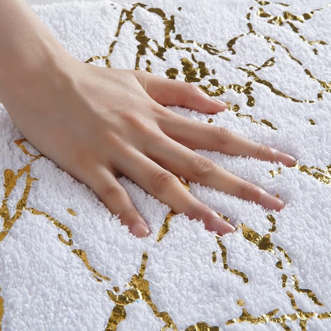 QJHOMO Marble Bathroom Runner Rug Gold Decor Long Bathroom Rugs White Bath Mat Non Slip Super Absorbent Bathmat Machine Washable Floor Carpet for Tub, Shower, Bedroom (24x48 inch)