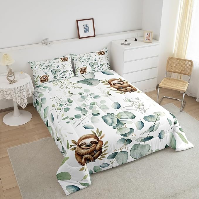 Erosebridal Girls Kawaii Animal Queen Bedding Sets Cute Sloth Comforter Set, Cartoon Wildlife Down Comforter Green Leaf Bedding Comforter Sets, Spring Plant Duvet Insert Child Kids Bedroom Decor