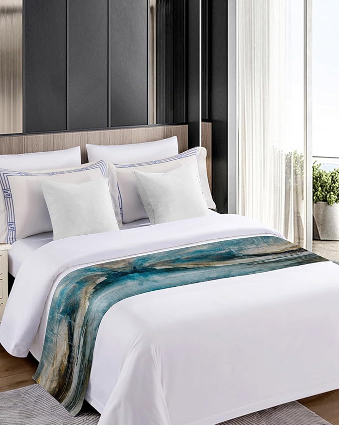 Abstract Mottled Turquoise Green Gray Art Bed Runners for Bedroom Hotel,Decorative Bedding Scarf Retro Painting Bed End Blanket Bedding Runner Scarves for Full Size Bed,83x20in
