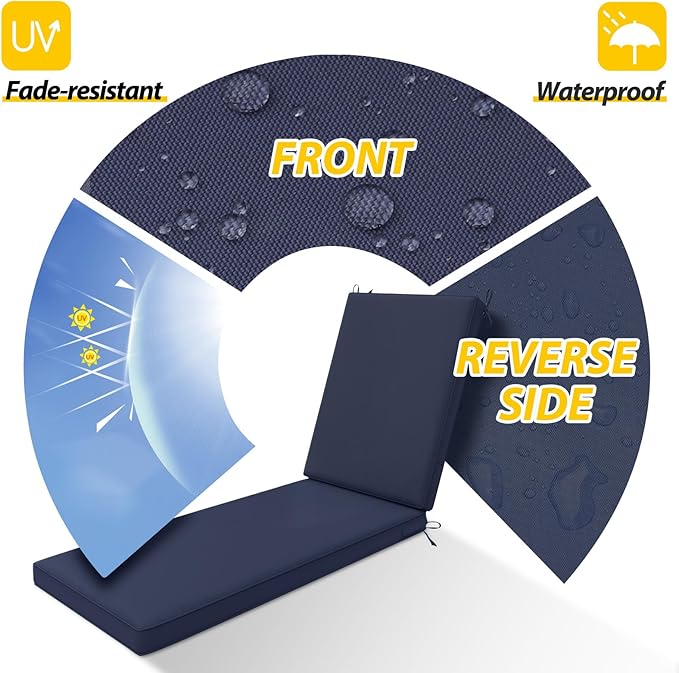 AAAAAcessories Outdoor Chaise Lounge Cushions, Waterproof, Fade-Resistant Patio Furniture Replacement Cushions, 80" x 26" x 3", Navy Blue