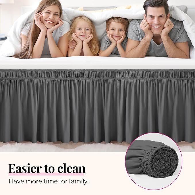 RIMELA King Grey Bed Skirt Wrap Around Elastic Dust Ruffles Solid Color Wrinkle and Fade Resistant with Elastic Belt Easy to Install Dark Gray for King & California King Size 15 Inch Drop