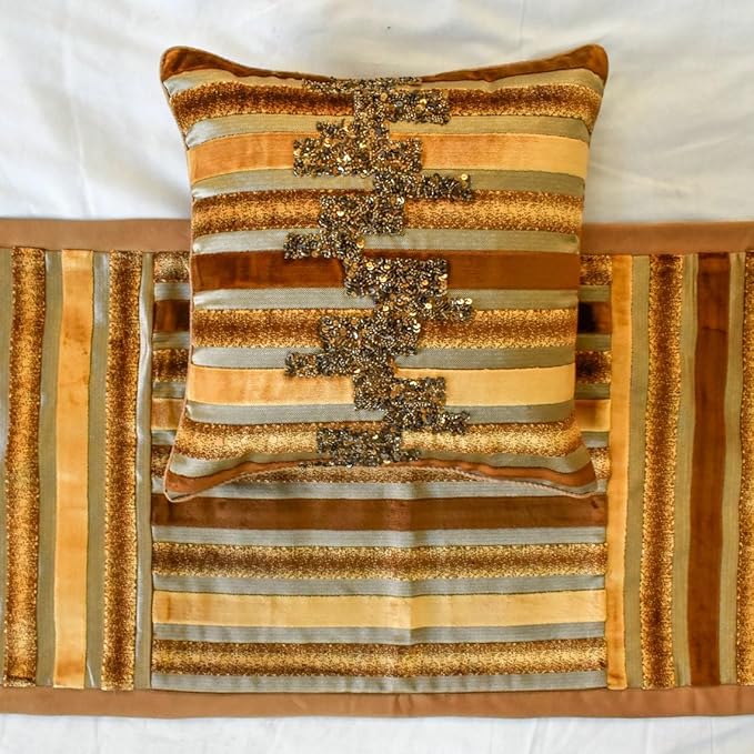 The HomeCentric King/Queen/Twin Gold & Brown Decorative Full 68"x18" Bed Runner with One Pillow Cover, Striped, Beadwork & Handmade Bed Scarf on Velvet Fabric - Streamlined
