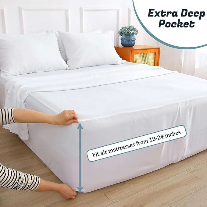 Extra Deep Pocket Twin Sheet Set for Air Mattress, 3 Piece Air Bed Sheets Set with 18-24 Inches Depth, Soft & Breathable Inflatable Bed Sheet Set with Flat Sheet, Fitted Sheet and Pillowcase, White