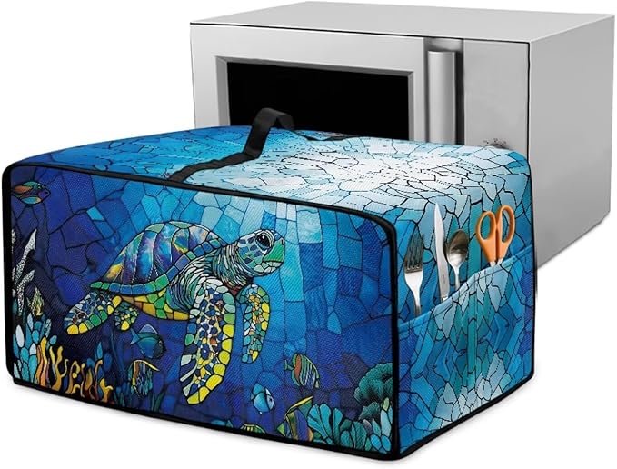 Glass Painting Sea Turtle Print Microwave Oven Cover Dustproof Toaster Oven Cover Large Size Foldable Kitchen Appliance Protector with Storage Bag Machine Washable, S