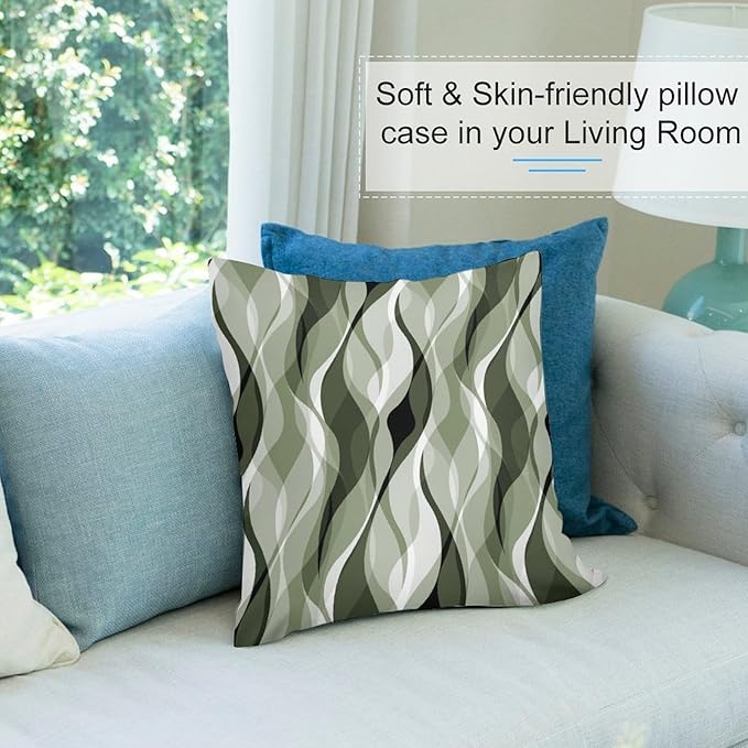Sage Green Throw Pillow Covers Abstract Ombre Green and Grey Striped Decorations for Bedroom Living Room Farmhouse Sofa Pillows Bed Couch 18x18 Inch
