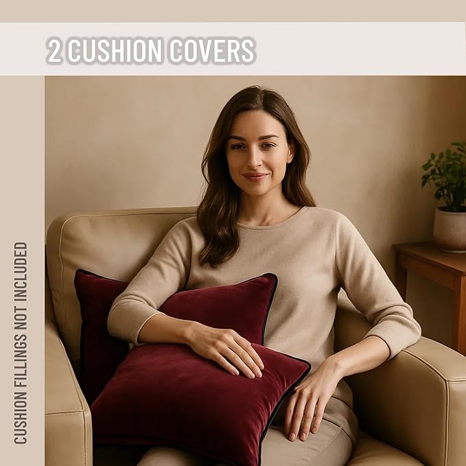 2 Pack Velvet Decorative Throw Pillow Covers, 20"x20", Burgundy, Solid, Modern, Contrast Piping, Indoor Use, Bedroom & Living Room
