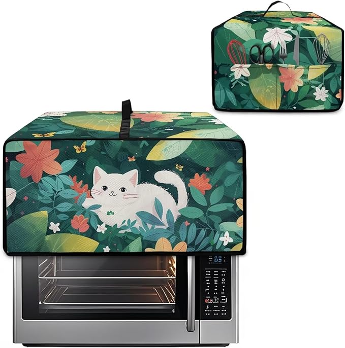 Air Fryer Toaster Oven Dust Cover Protective Convection Oven Cover with Pockets and Handle for Kitchen Countertop, L, 18.5 x 22.5 x 13 Inches, White Cat Green Leaf Flower