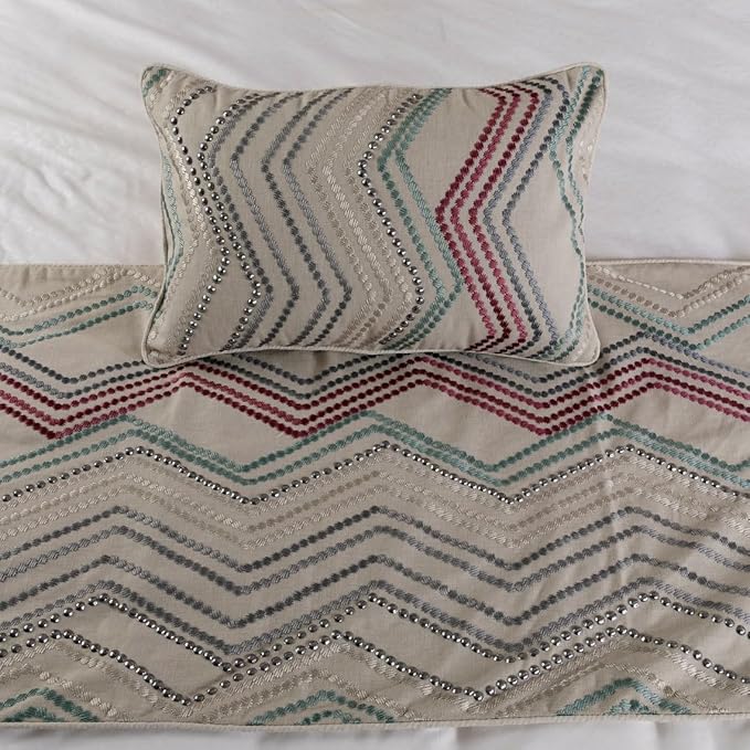 The HomeCentric King Queen Twin Beige Linen Bed Runner & Decorative Throw Pillow Cover, CA King Size 86"x18" Bed Runner with 2 Pillow Cover, Linen & Embroidery, Chevron Modern Pattern - Dotty Chevron