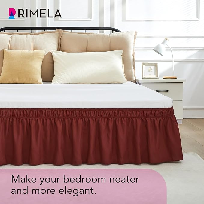 RIMELA Wine Red Bed Skirt Queen Size 15 Inch Drop, Elastic Bed Skirting for Bed Base and Frame, Bedding Dust Ruffle Easy to Install,Wrap Around Adjustable Bedskirt,Christmas Bedroom Decor