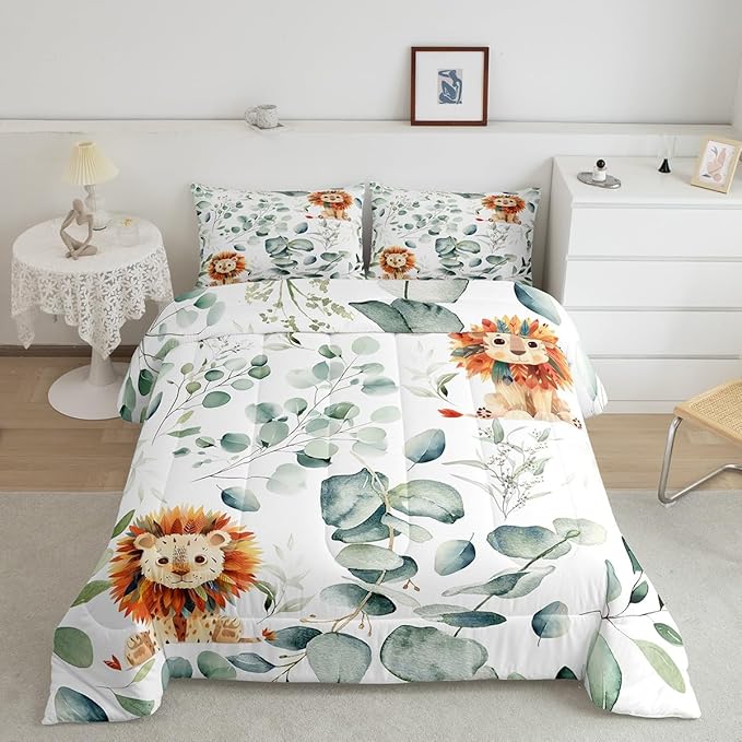 Erosebridal Cute Lion Full Comforter Set for Kids Child Green Eucalyptus Bedding Set Full, Woodland Animal Bedding Comforter Sets Botanical Plant Leaves Duvet Set, Cartoon Wildlife Quilted Comforter