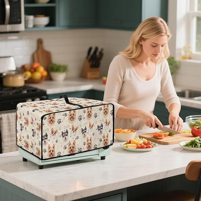 Air Fryer Toaster Oven Dust Cover Washable Fabric Convection Oven Protector with Storage Pockets, S, Yorkshire Terrier Schnauzer Dog Bone Paw Beige Puppy Pattern