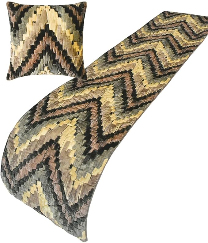 The HomeCentric King/Queen/Twin Beige Decorative CA King 86"x18" Bed Runner Without Pillow Cover, Abstract, Chevron, Quilted Bed Scarf on Suede Velvet Fabric - Paramount