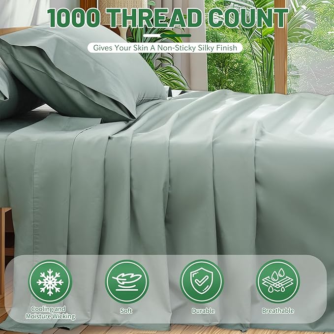 Egyptian Cotton Sheets Full Size 4PCS 1000 Thread Count Sateen Weave Soft Breathable 16-Inch Deep Pocket （Full,Sage Green）