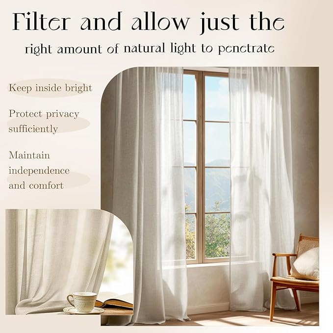 Dreaming Casa Taupe Sheer Curtains 204 Inches Long, Rod Pocket & Back Tab Light Filtering Textured Sheers for Living Room Bedroom, 2 Panels, Each 52" W x 204" L