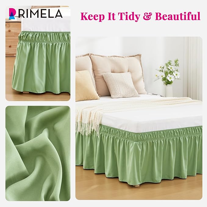 RIMELA Light Green Bed Skirt Twin Size 15 Inch Drop, Elastic Bed Skirting, Bedding Dust Ruffle Easy to Install, Hotel Quality Wrap Around Bedskirt, Bedroom Decor