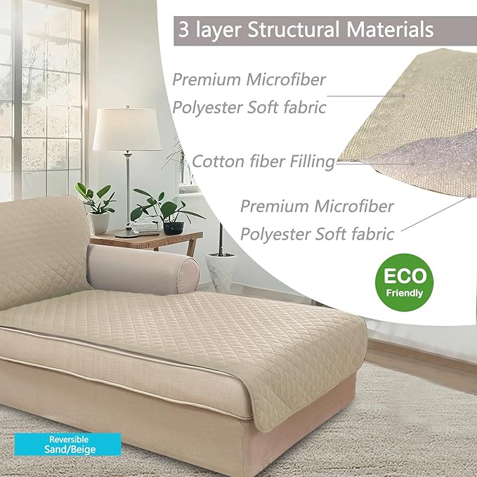 U-NICE HOME Sectional Couch Cover for Dogs Chaise Lounge Reversible Sofa Cover Furniture Protector Cover for Pets with Elastic Adjustable Strap (Chaise Lounge, Sand/Beige)