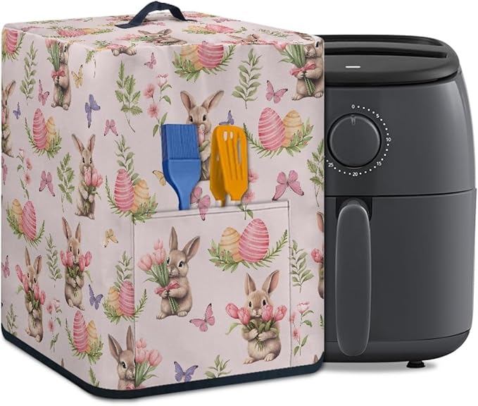 Tulip Floral Bunny Print Air Fryer Cover with Pocket and Top Handle, Happy Easter Decor Kitchen Appliance Protective Cover Electric Appliance Cover for Air Fryer
