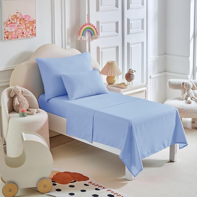 Toddler Bedding Set - 5 Piece Soft and Breathable Toddler Bed Set for Boys and Girls, Includes Quilted Comforter, Fitted Sheet, Flat Top Sheet, Standard Pillowcase and Toddler Pillowcase, Light Blue