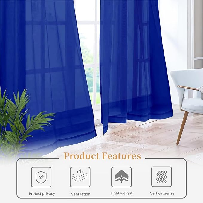 Sheer Curtains 72 Inches Long 2 Panels, Rod Pocket Short Curtain for Kitchen, Bedroom, Cafe Window(Blue Sapphire 38" W x 72" L)
