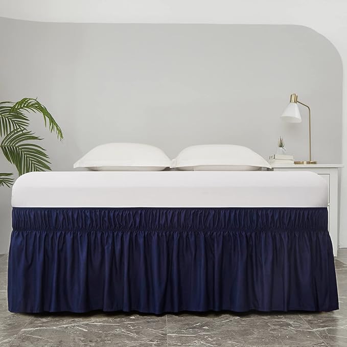 MEILA Wrap Around Bed Skirt Three Fabric Sides Elastic Dust Ruffled 24 Inch Tailored Drop,Easy to Install Fade Resistant-Navy Blue, Twin/Full
