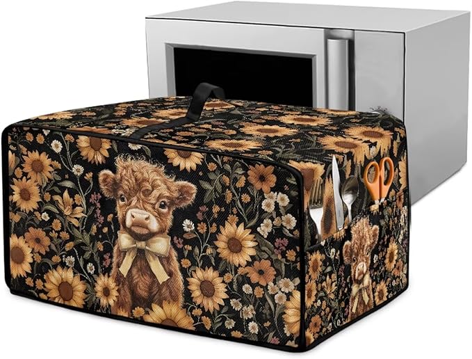 Cute Highland Cattle Print Toaster Oven Cover Heavy Duty Microwave Oven Dust Cover Sunflower Daisy Print Dust-Proof Universal Kitchen Machine Covers Suitable for Most Microwave Ovens, L