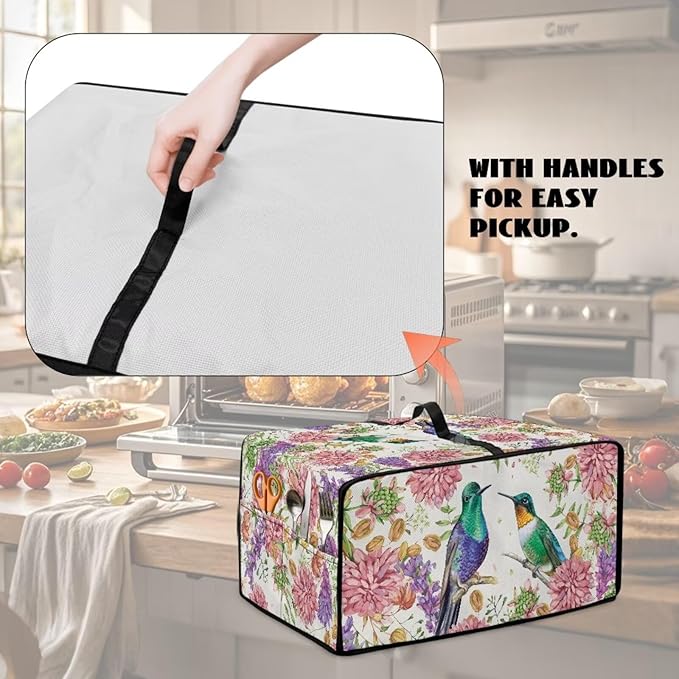Watercolor Flower Hummingbird Print Microwave Oven Cover Dust-Proof Microwave Toaster Oven Cover Waterproof Foldable Kitchen Appliance Protector Suitable for Most Microwave Ovens, M