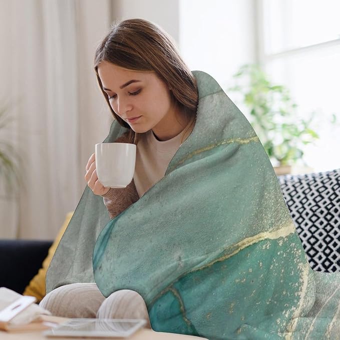 Abstract Marble Blanket, Modern Luxury Baroque Golden Lake Green Stone Veins Pattern Soft Warm Cozy Plush Flannel Covers for Livingroom Bedroom Couch Chair Camping Travel Home Decor Tapestry 50x60in