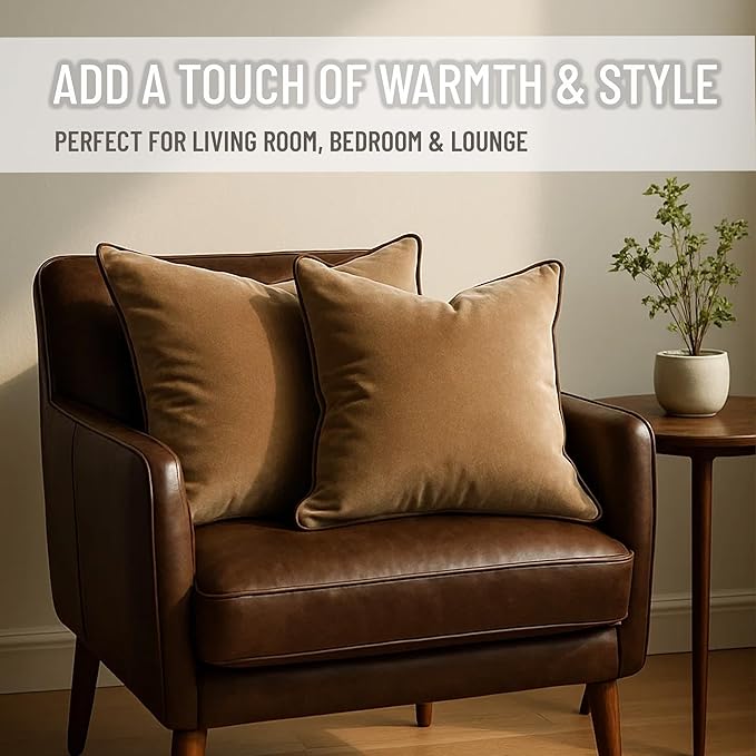 2 Pack Velvet Decorative Throw Pillow Covers, 18"x18", Camel and Brown, Solid, Modern, Contrast Piping, Indoor Use, Bedroom & Living Room