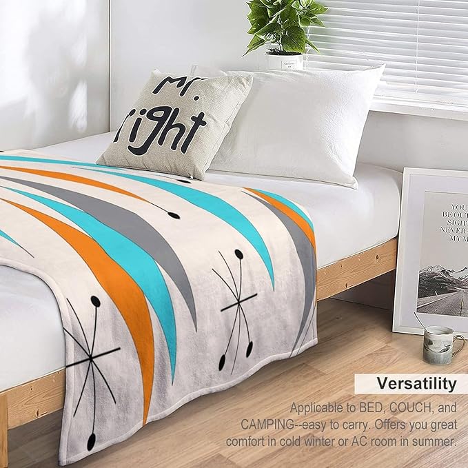 Mid Century Flannel Throw Blankets, Mid Century Modern Geometric Atomic Shapes Orange Retro Style Boho Print Blanket for Bed Couch Sofa Fuzzy Tv Throws 60"x80"