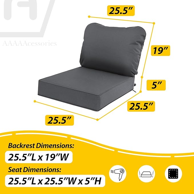 AAAAAcessories Outdoor Deep Seat Cushions, Waterproof, Fade-Resistant Patio Furniture Replacement Cushions, 25.5" x 25.5" x 5" + 25.5" x 19", Dark Gray