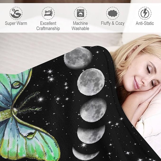 Moth Floral Flannel Blanket, Gothic Witchy Moon Phase Botanical Vintage Wildflower Plantsprint Soft Warm Fuzzy Throw Blanket for Couch Sofa Office Bed, 40"x50"