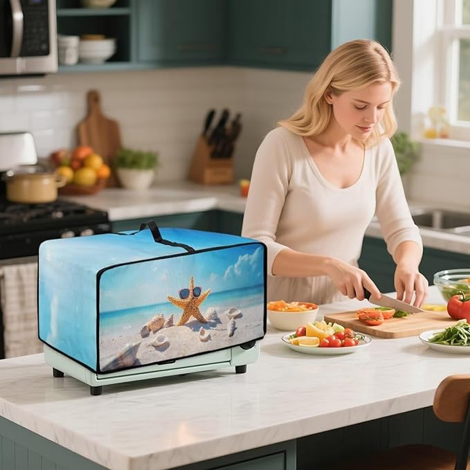 Dust Cover for Microwave Oven Heavy Duty Microwave Oven Cloth Cover with Storage Pockets Foldable Dust-Proof Kitchen Appliance Protector, Starfish Sunglasses Beach Seashell Print, M