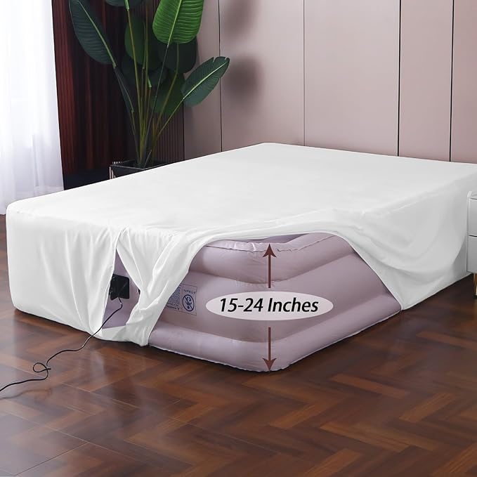 Queen Fitted Sheet for Air Mattress,with 24 Inch Extra Deep Pockets,Ultra Soft Durable Breathable Bed Sheets Cover for Inflatable Air Bed,with Pump Opening,Inflate at Any Time-White
