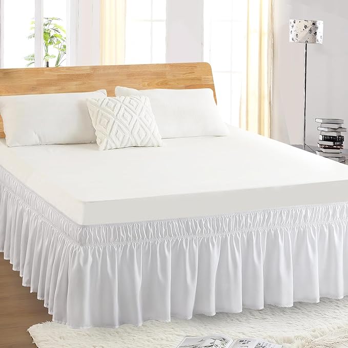 Twin Bed Skirt, Elastic Wrap Around Bed Skirt Twin Size, Bed Skirts for Adjustable Bed, Easy Fit with 14" Drop Length Tailored Drop Dust Ruffle (White)