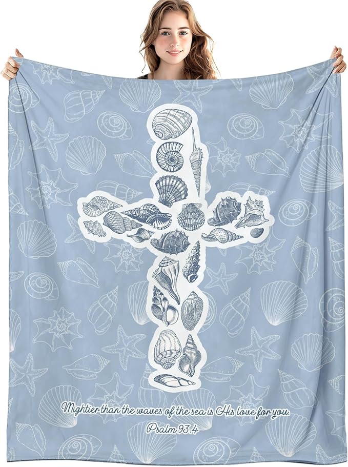 Blue Christian Blanket, Beach Seashell Cross Bible Verse Throw Blankets for Home Bedroom Living Room Couch Bed Decor, Religious Scripture Blanket, Christian Gifts for Women Men, 50x60 Inch