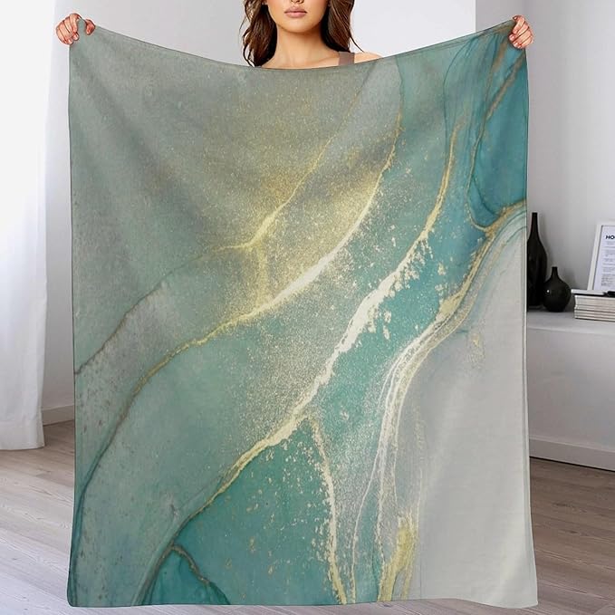 Abstract Marble Blanket, Modern Luxury Baroque Golden Lake Green Stone Veins Pattern Soft Warm Cozy Plush Flannel Covers for Livingroom Bedroom Couch Chair Camping Travel Home Decor Tapestry 60x80in