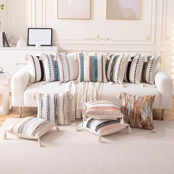 Boho Throw Pillow Covers 18x18 Set of 2 Woven Tufted Farmhouse Pillows Cover with Tassels Textured Stripe Cushion Case Neutral Pillow Cases Decorative Pillowcase for Couch,Black and White