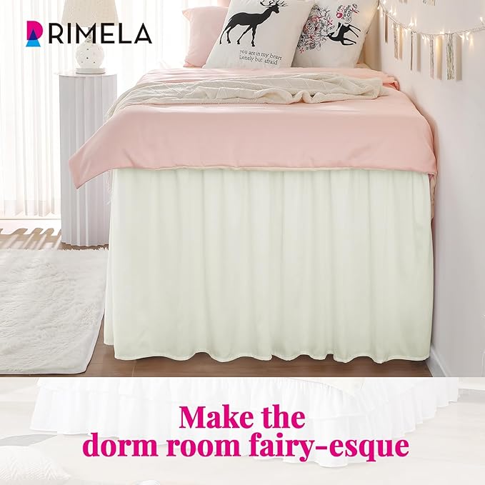 RIMELA Dorm Bed Skirt Twin XL 46 Inch Drop, Easy to Install Extra Long Wrap Around Elastic Dust Ruffle, Cream Bedskirt Solid Silky Fabric (Twin XL 80“L x 39”W & Twin 75“L x 39”W)