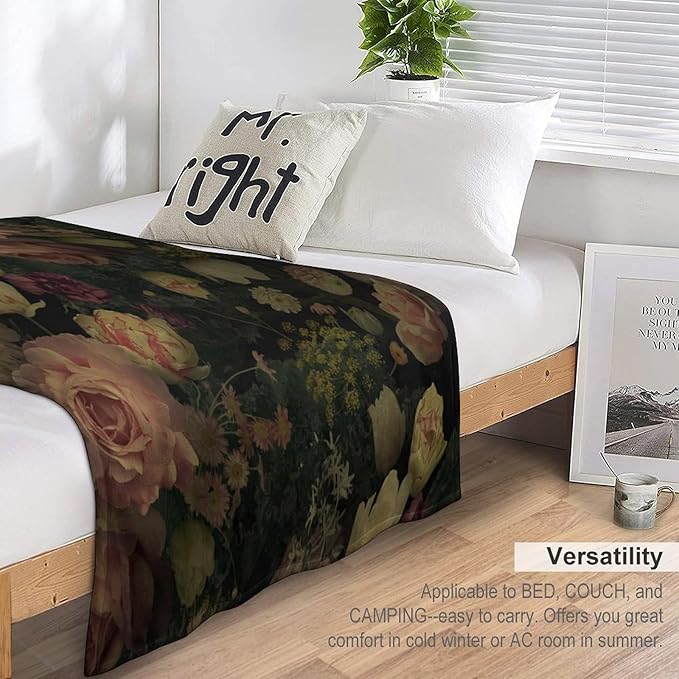 Black Floral Blanket, Rustic Watercolor Botanical Rose Peony Vintage Leaves Plant Boho Gothic Print Throw Blankets for Bed Living Room Bedding Couch Soft Decor, 60"x80"