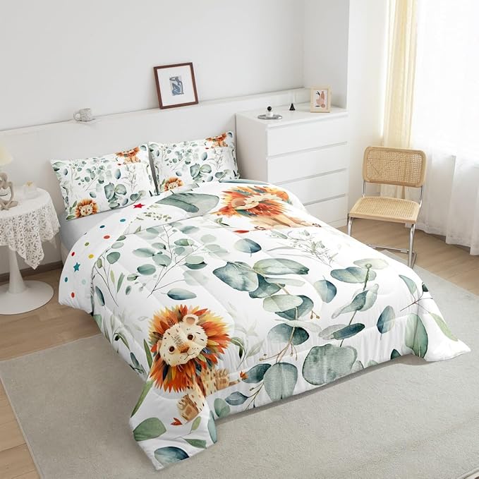 Erosebridal Cute Lion King Size Comforter Set for Kids Child Green Eucalyptus Bedding Set, Woodland Animal Down Comforter Botanical Plant Leaves Bed Set, Cartoon Wildlife Quilted Duvet