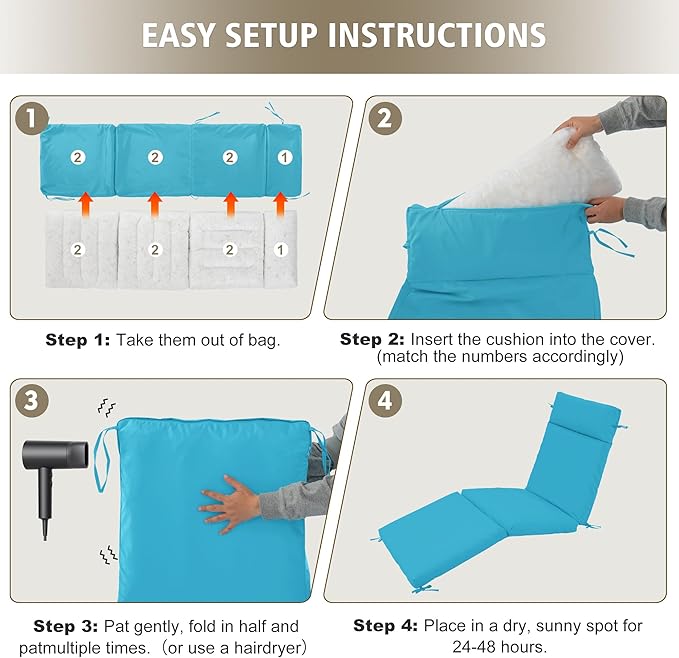Chaise Lounge Cushion 72x21x3 Inch ?Set of 4 Outdoor Lounge Chair Cushions, Lounger Pad Replacement with Fade-Resistant, Removable & Machine-Washable Covers, Ideal for Patio Chaise Chairs, Teal