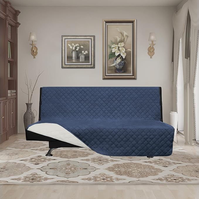 Easy-Going Futon Slipcover - Reversible Armless Sofa Cover - Water Resistant - Pets & Kids - Dark Blue/Ivory