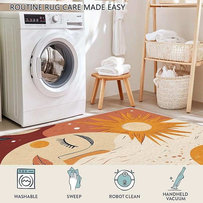 6x9 Sun and Moon Area Rug Beige Yellow Rug Non Slip Low Pile Large Carpet for Home Kitchen Living Room Bedroom Dining Room Office
